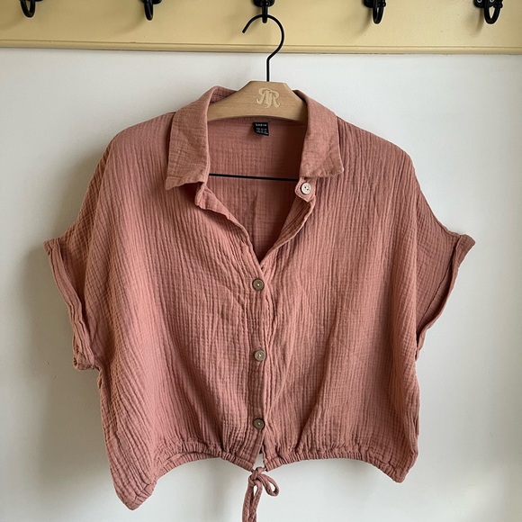 Cropped Rust Button-Down Shirt with Drawstrings - Picture 1 of 4